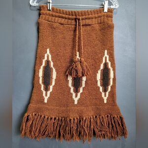 Aztec Print Fringe Hem Tassel Drawstring Waist Wool Knee Length Skirt Sz L Brown